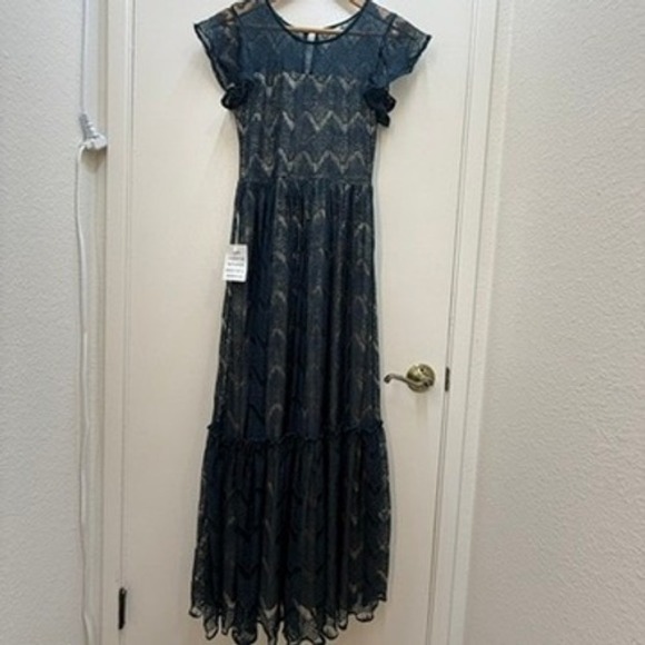 NWT Lace Maxi Dress Sm Teal Blue Gold Party Cocktail Romantic Lacey Rich Wedding - Picture 2 of 15